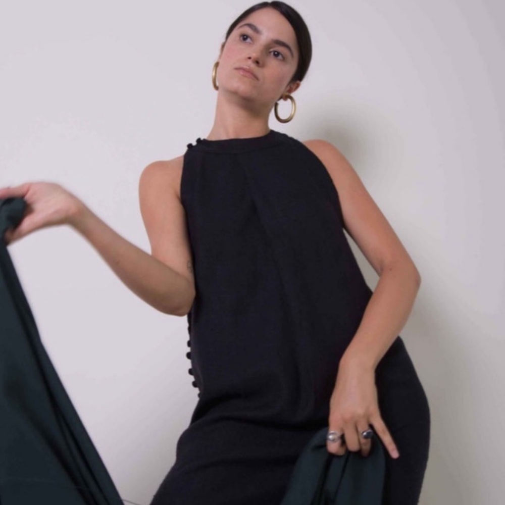 Ajaie Alaie Enza Black Linen Button Side Midi Dress